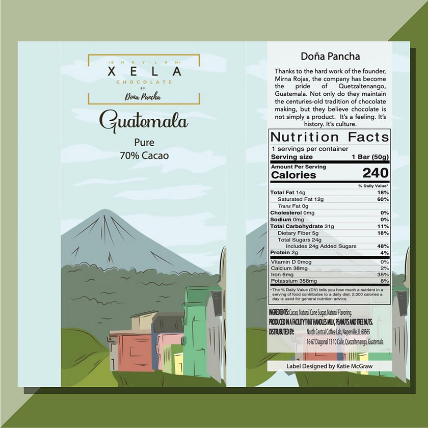 Image of a chocolate bar packaging with a graphic representation of a Guatemalan landscape and a village, alongside the brand name 'Xela' and the percentage of cacao '70% Cacao'.