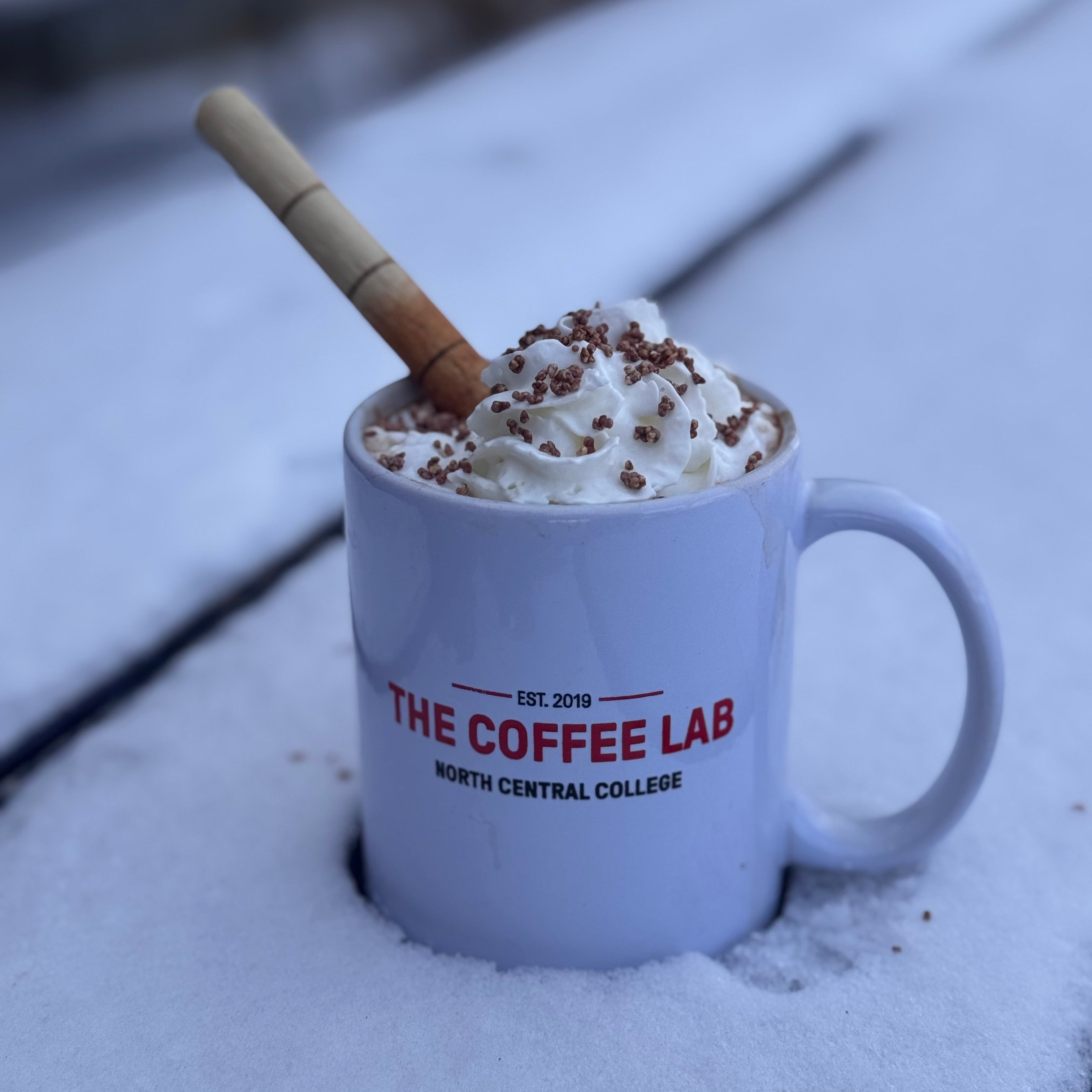 Mug of hot chocolate with whipped cream and a cinnamon stick on a snowy surface, featuring 'The Coffee Lab' branding.